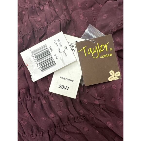NWT Sz 20 Plus Size Taylor Woman Dress. Port Wine. Sheer Sleeves. V Neck. Dotted - Picture 4 of 5